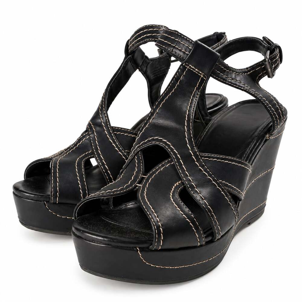 Y2K MIA Piazza Strappy Platform Wedge Sandals Black Leather